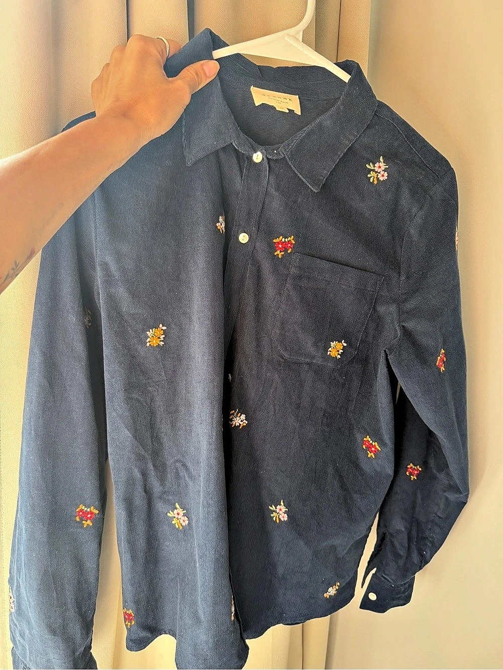 Sézane tomboy Shirt Floral Embroidered Blue Size 38 Like New
